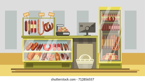 Meat department in supermarket with counter and fresh products