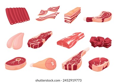 Meat different parts natural organic protein healthy raw food set isometric vector illustration. Butchery barbecue menu cut collection uncooked steak leg fillet bacon rib of chicken pork and beef