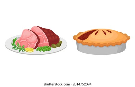 Meat Dish with Bacon and Baked Pie with Savory Stuffing Served on Plate Vector Set