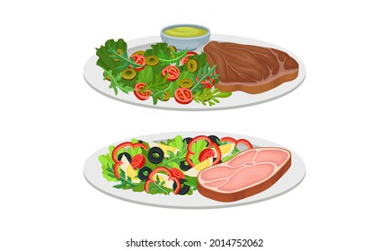 Fleischgericht mit Rind Steak und grüner Salat auf Plate Vektor Set serviert