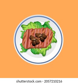 Meat Dish with Beef Steak and Green Salad Served on Plate Vector