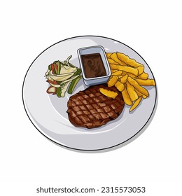 Meat Dish with Beef Steak and Green Salad on Plate Vector Illustration 