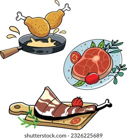 Meat Dish, burger and Food Served on Plate Vector Set