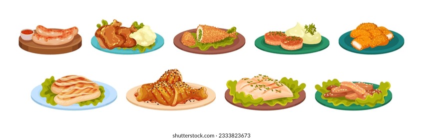 Meat Dish and Food Served on Plate Vector Set