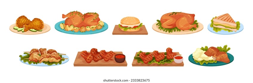 Meat Dish and Food Served on Plate Vector Set