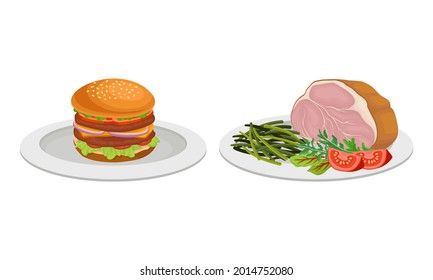 Plato de carne con Hamburguesa y losa de carne ahumada servida en un juego de vectores de placa
