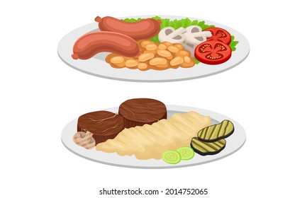 Meat Dish with Patty Cakes and Sausages Served on Plate Vector Set