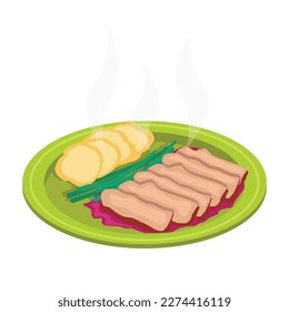 Meat dish with potatoes, berry sauce and onions. Grilled, sliced ​​meat on the grill.