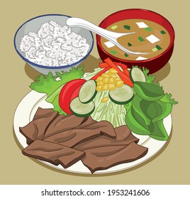 Meat dish with salad. And a white rice bowl, and a miso soup bowl. Japanese food.