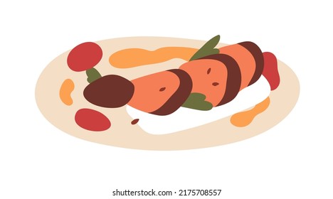 Meat dish served on plate with vegetables and sauces. Restaurant meal, dinner. Abstract beef steak cut in pieces. Decorated eating. Flat vector illustration isolated on white background
