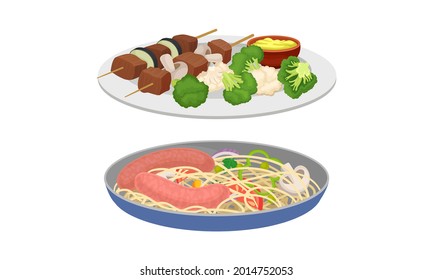 Meat Dish with Shashlik and Pasta with Sausages Served on Plate Vector Set