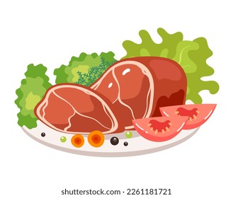 Carne de carne cocida para la cena a la parrilla en un plato aislado de fondo blanco. Ilustración del diseño gráfico del vector