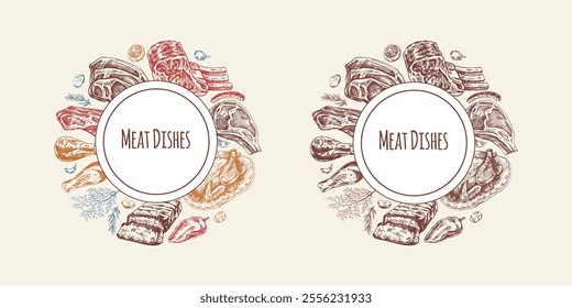 Meat dishes circular template for menu card and food branding