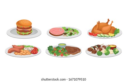 Meat Dishes and Courses Served on Plates with Shashlik and Hamburger Vector Set