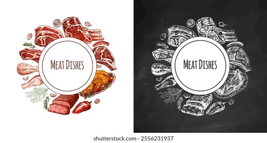 Meat dishes creative circular template for food branding and menu