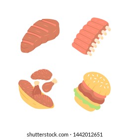 Meat dishes flat design long shadow color icons set. Steak, beef ribs, chicken legs, burger. Fast food. Butcher shop product. Restaurant, grill bar, steakhouse menu.Vector silhouette illustrations