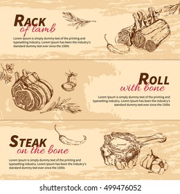 Meat Dishes Hand Drawn Banners With Rack Of Lamb Roll With Bone Steak Isolated Vector Illustration 