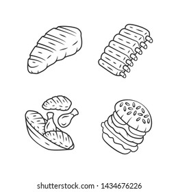 Meat dishes linear icons set. Steak, beef ribs, chicken legs, burger. Butcher shop product. Steakhouse menu. Thin line contour symbols. Isolated vector outline illustrations. Editable stroke