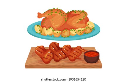 Meat Dishes with Roasted Chicken and Grilled Wings with Sauce Served on Plate Vector Set