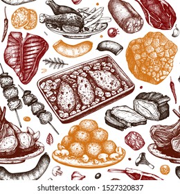 Meat dishes seamless pattern. Hand drawn food illustration. Meat restaurant menu design. Vintage background for beer restaurant, grill bar or pub. Ketogenic diet backdrop