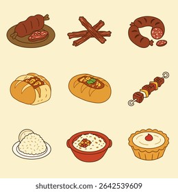 Meat Dishes Set Food Icon Cute Cartoon Style.