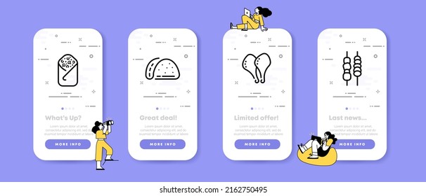 Meat dishes set icon. Shawarma, tacos, chicken legs, kebab, grill, fatty, fast food, delicious. Eating concept. UI phone app screens with people. Vector line icon for Business and Advertising.