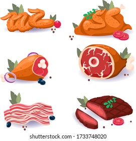 meat dishes set vector illustration cartoon style, chicken, bacon, steak, leg, with shadow on white background
