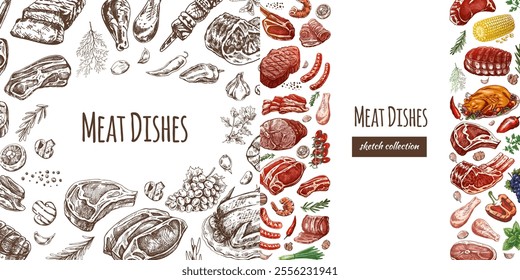 Meat dishes sketch collection for restaurant card and branding template