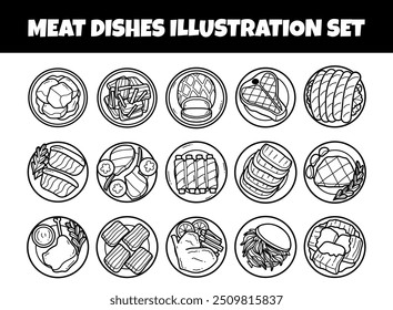 Fleischgerichte Draufsicht Umriss Vektorgrafik-Set