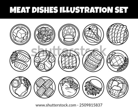 Meat dishes top view outline vector illustration set