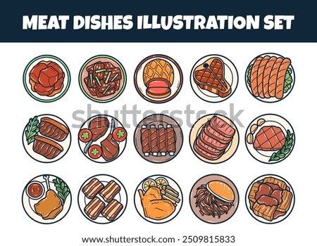 Meat dishes top view vector illustration set