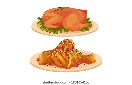 Meat Dishes with Whole Roasted Chicken and Legs Served on Plate Vector Set