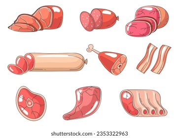 Meat doodle isolated set. Vector flat graphic design illustration