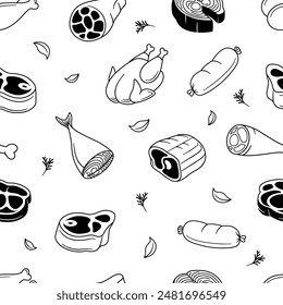 Meat doodle seamless pattern wallpaper background vector illustration