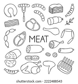 Meat doodle set. Sausages, steaks, ribs, pork, beef in sketch style. Hand drawn vector illustration isolated on white background