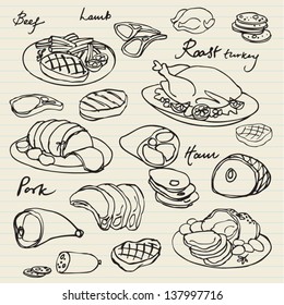 Meat doodle vector set