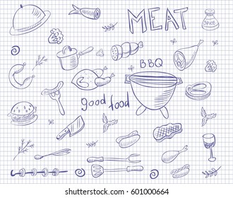 meat doodle vector set on squared paper