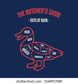 Meat and Duck cuts. Diagrams for butcher shop. Scheme of Duck. Vector illustration. Duck butcher's guide. Used for cooking steak and roast - Duck neck, tenderloin, wing, drumstick, etc.
