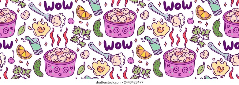 Patrón de color de albóndigas de carne. Garabatos de fondo de masa y productos cárnicos. Pelmeni y crema agria, perejil, vodka, pepino. Para el mercado, papel pintado textil, marca. Ilustración vectorial de moda.