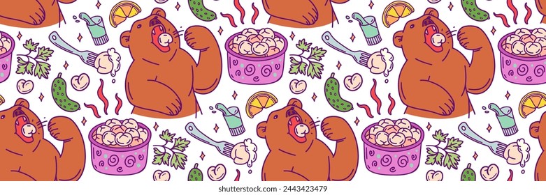 Meat dumplings color pattern. Dough and meat products background. Bear eats pelmeni and sour cream, parsley, vodka, cucumber. For market, textile wallpaper, brand. Doodle trendy vector illustration.