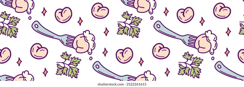 Patrón de color de albóndigas de carne. Garabatos de fondo de masa y productos cárnicos. Albóndigas en el tenedor. Pelmeni y crema agria, perejil. Para el mercado, Fondo de pantalla textil, marca. Ilustración vectorial de moda.