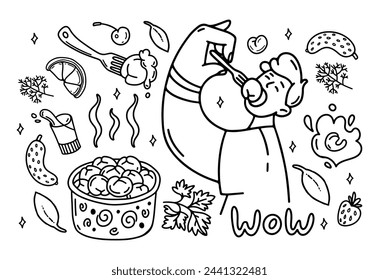 Meat dumplings doodle set. Man eating dumpling. National dishes Pelmeni, sour cream, vodka, parsley. Baking Recipe from dough and meat. For food market, logo, shop. Outline trendy vector illustration.