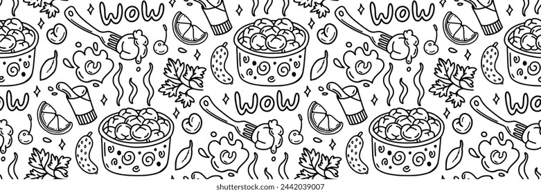 Meat dumplings outline pattern. Dough and meat products background doodles. Pelmeni and sour cream, parsley, vodka, cucumber. For market, textile wallpaper, brand. Outline trendy vector illustration.