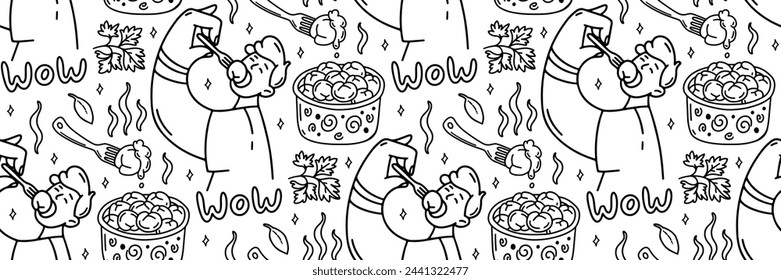 Meat dumplings outline seamless pattern. Background with National dishes Pelmeni, sour cream, parsley. Dough and meat products. For market, textile wallpaper, brand. Outline trendy vector illustration