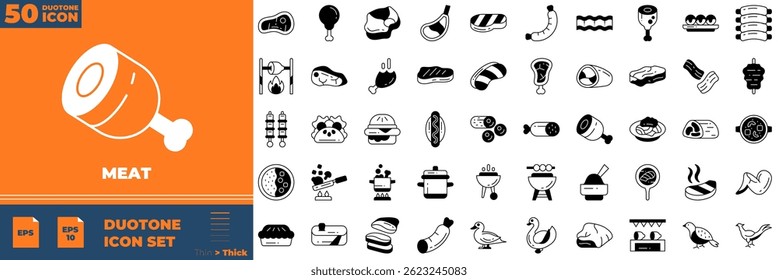 Conjunto de ícones editáveis de Meat Duotone. Ilustração vetorial em estilo duotônico fino moderno de ícones de carne: bife, carne, grelha, etc