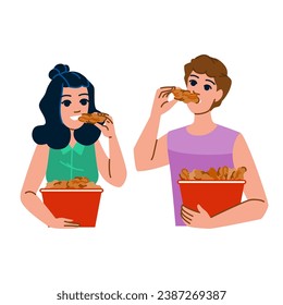 meat eating chicken wings vector. dinner white, healthy fried, man happy meat eating chicken wings character. people flat cartoon illustration