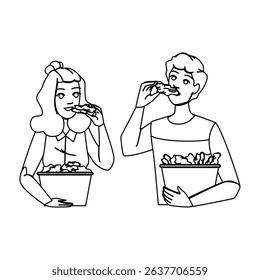 meat eating chicken wings vector. dinner white, healthy fried, man happy meat eating chicken wings character. people black line pencil drawing illustration