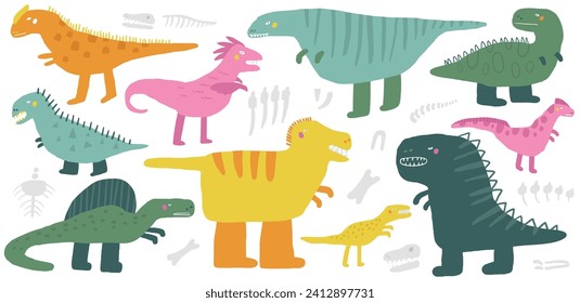 Fleisch essen Dinosaurier Set. Feine handgezeichnete Dinosaurier-Dinosauriersammlung, Tarbosaurus, Tyrannosaurus, Giganotosaurus, Spinosaurus, Velociraptor, um zu rex. Raubtiere der Jurassia-Ära für Kinder