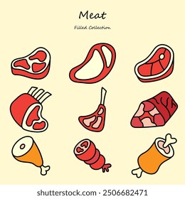 Meat Editable Icons Set Line Style. Protein, Food, Rib, Beef. Filled Collection