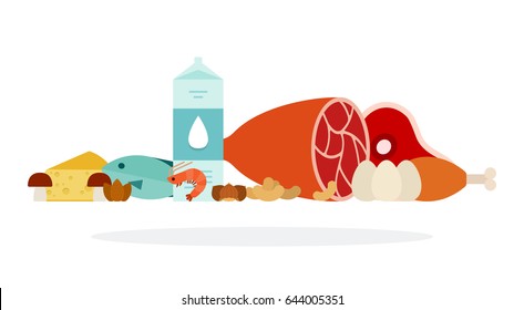 Meat, eggs, cheese, milk, chicken, shrimp, nuts, mushrooms, fish, products containing protein flat material design isolated on white